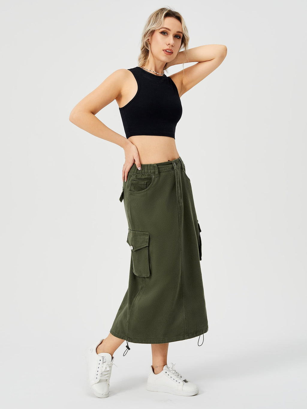 Women's Cargo Maxi Skirt | High Waist Split Pocket Skirt