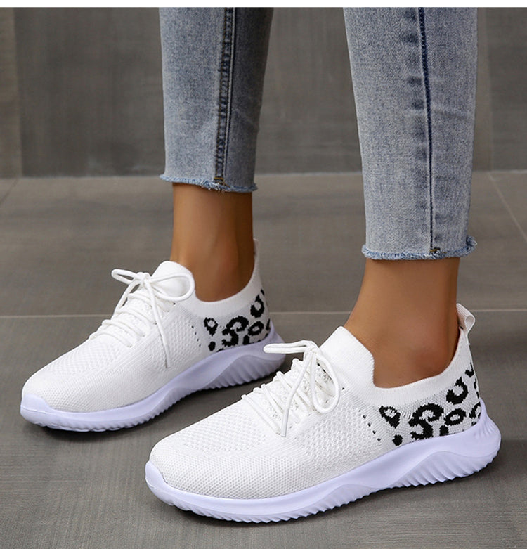 Women's Leopard Print Sneakers | White Lace-Up Sports Shoes