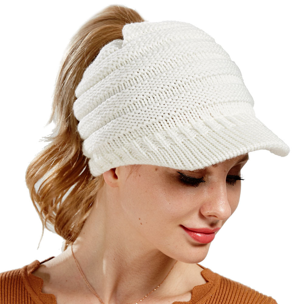 Women's Ponytail Knit Beanie | Warm Winter Knitted Hat