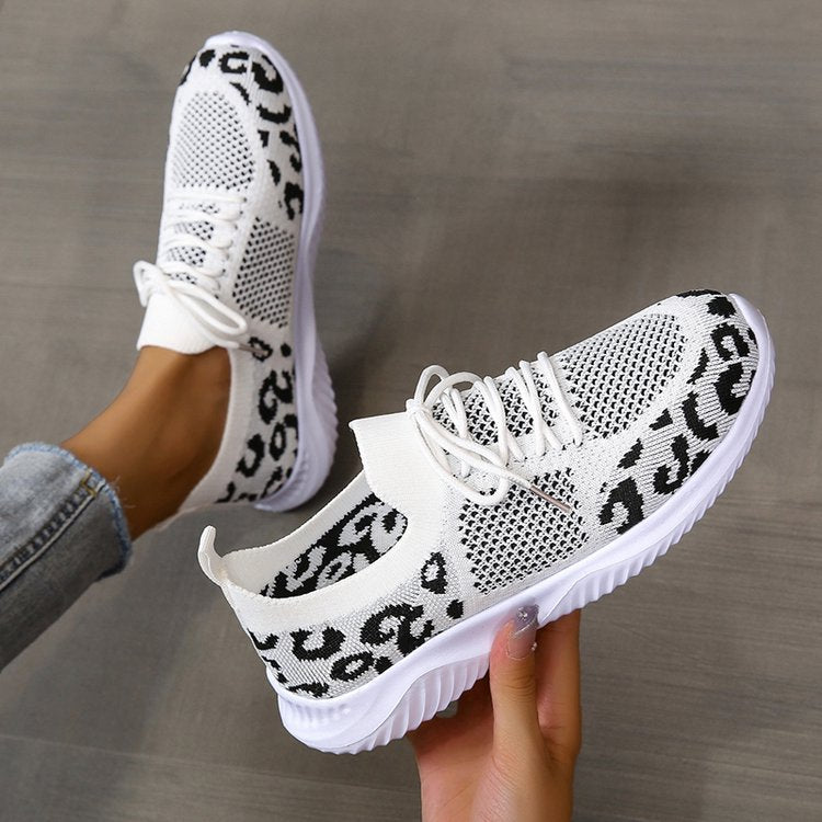 Women's Leopard Print Sneakers | White Lace-Up Sports Shoes