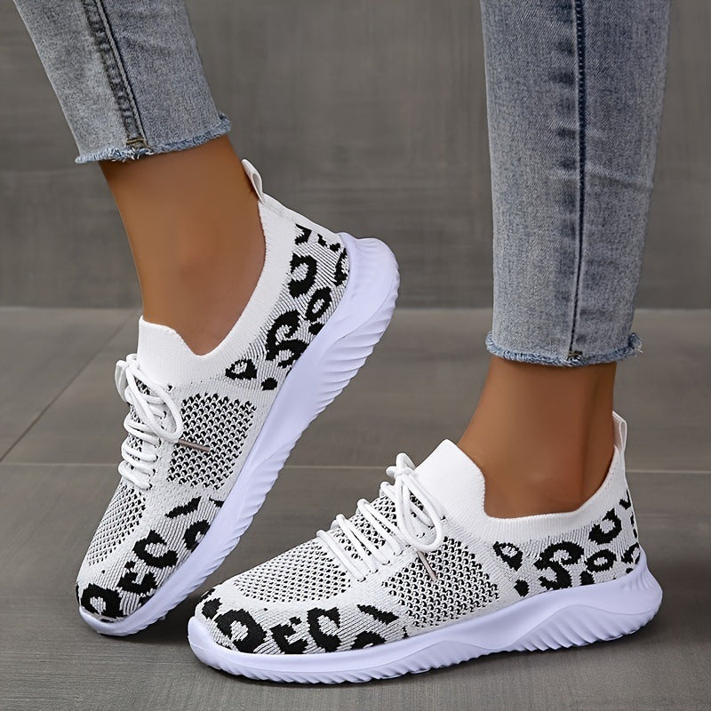 Women's Leopard Print Sneakers | White Lace-Up Sports Shoes