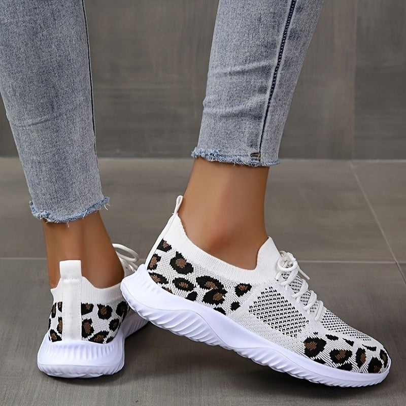 Women's Leopard Print Sneakers | White Lace-Up Sports Shoes
