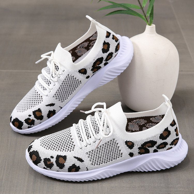 Women's Leopard Print Sneakers | White Lace-Up Sports Shoes