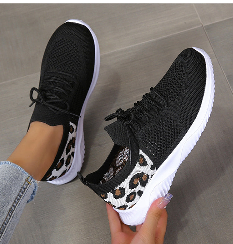 Women's Leopard Print Sneakers | White Lace-Up Sports Shoes