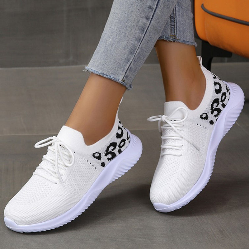 Women's Leopard Print Sneakers | White Lace-Up Sports Shoes
