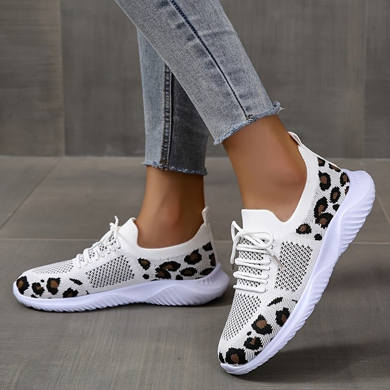 Women's Leopard Print Sneakers | White Lace-Up Sports Shoes