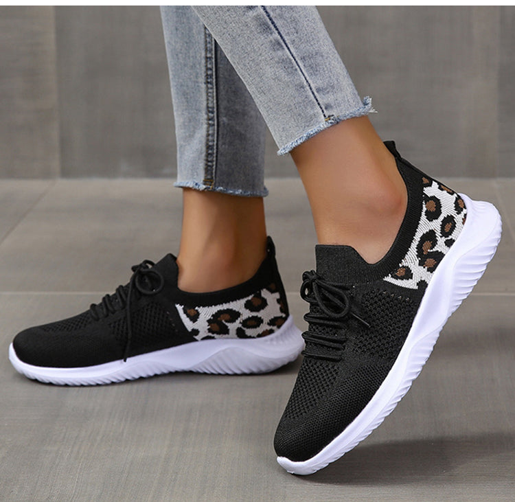 Women's Leopard Print Sneakers | White Lace-Up Sports Shoes