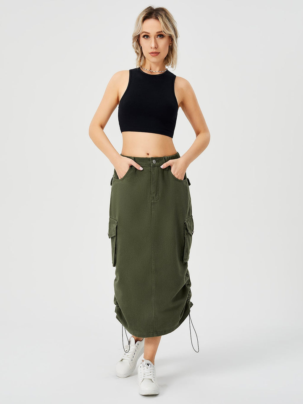 Women's Cargo Maxi Skirt | High Waist Split Pocket Skirt
