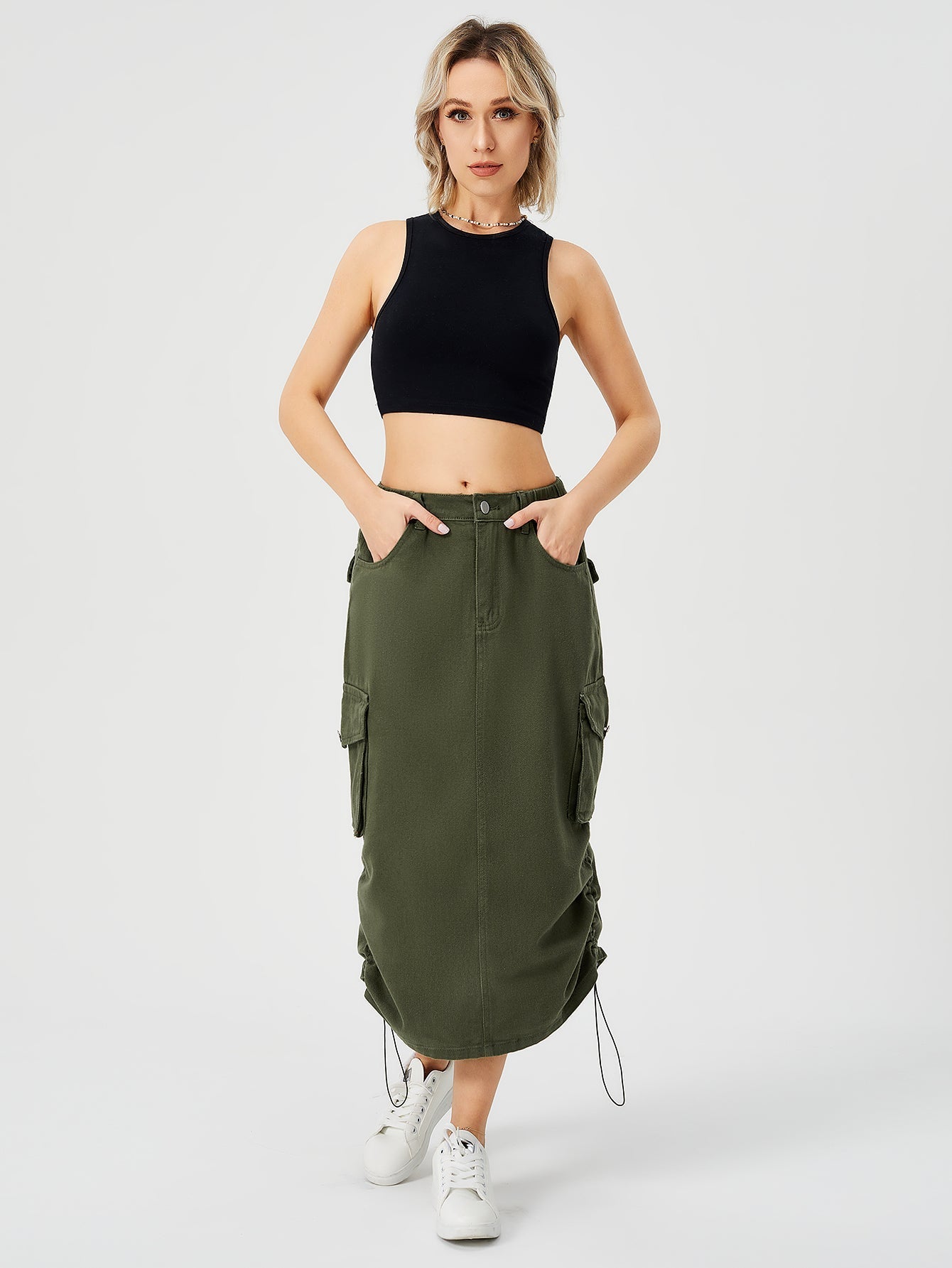 Women's Cargo Maxi Skirt | High Waist Split Pocket Skirt