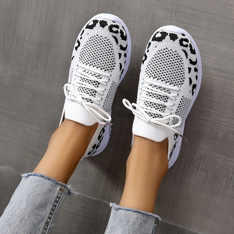 Women's Leopard Print Sneakers | White Lace-Up Sports Shoes